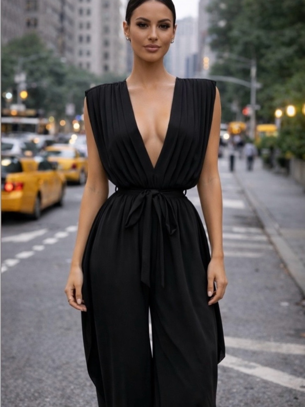 Elegant Black Deep-V Wide-Leg Jumpsuit
